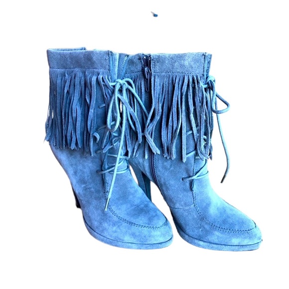 Ibiza Shoes - Dove Gray Suede Fringe Lace Up Ankle Stiletto Boots Trendy Western Cowgirl